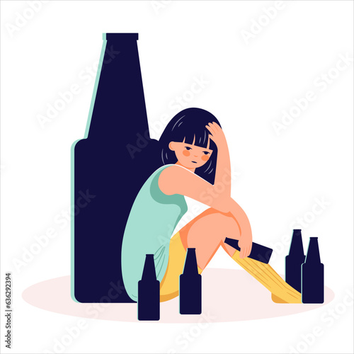 Alcohol abuse addiction concept hand drawn drunk woman illustration