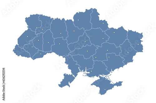 Ukraine Vector Map with subdivisions and major cities mapped (optionally). Ukrainian Map. Blue colors 