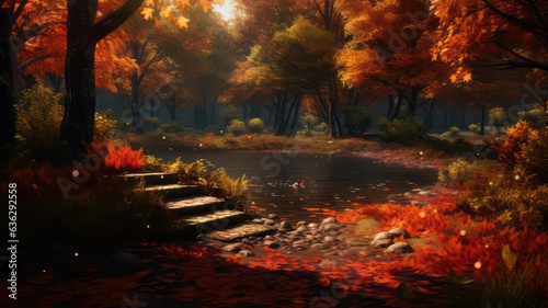 Autumn background with trees and leaves created with Generative AI