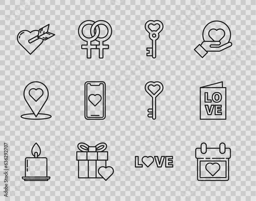 Set line Burning candle, Calendar with heart, Key shape, Gift box, Amour arrow, Mobile phone, Love text and Valentines day party flyer icon. Vector