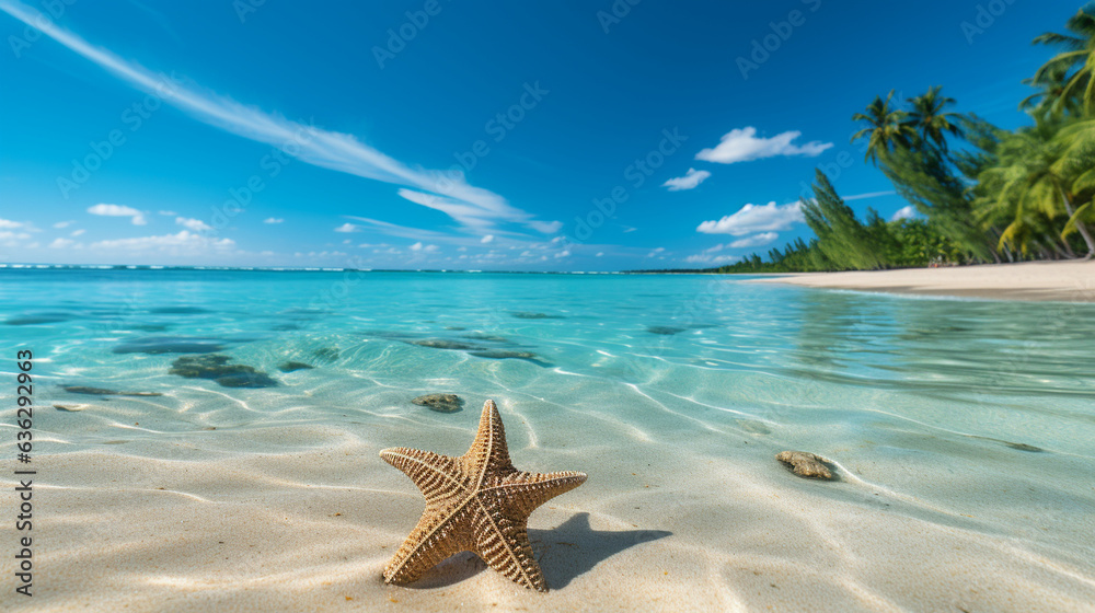 Imagine a panoramic seascape that captures the essence of a summer vacation in a tropical paradise. Picture a close-up view of a starfish resting on the sandy beach, surrounded by  - obrazy, fototapety, plakaty 
