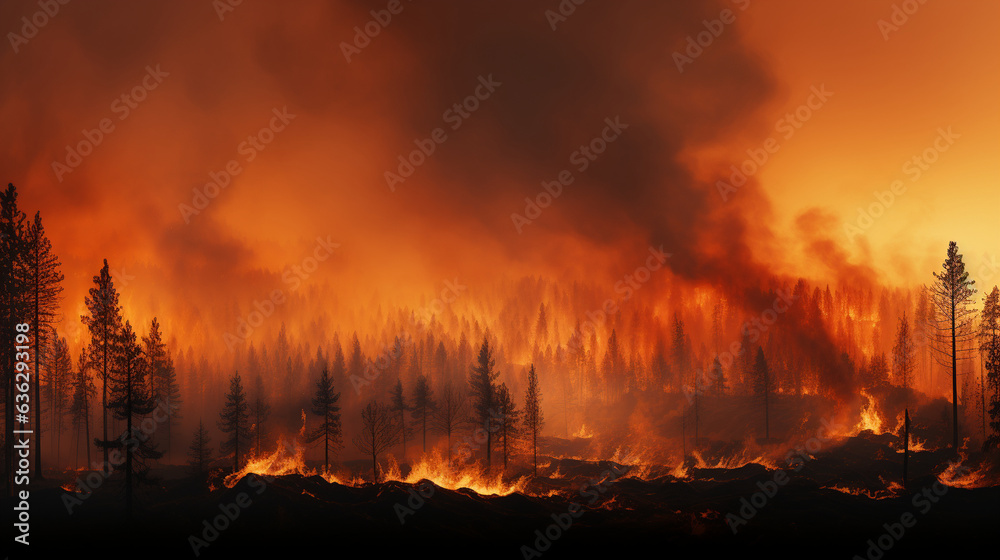 Landscape of a forest fire, a natural disaster - A panoramic banner background depicting the fierce blaze with rising smoke, alongside the stark silhouette of forest trees against 