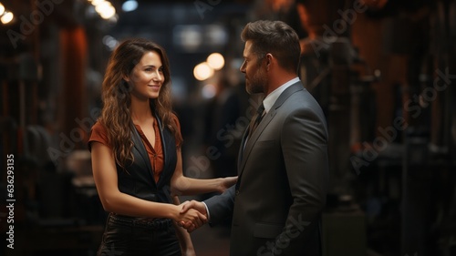 A man and a woman meet on the street or in a cafe, the man wears a suit and the woman is dressed casually