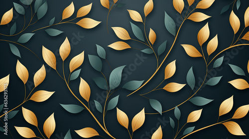 Illustration of a luxurious and elegant organic floral texture, perfect for a wallpaper or banner. The design showcases gold leaves against a dark green background, forming a seaml 