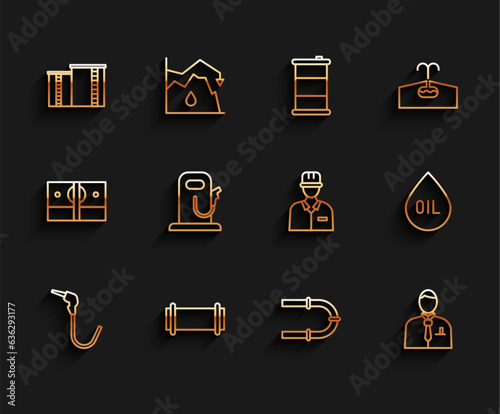 Set line Gasoline pump nozzle, Industry pipe, Oil industrial factory building, Businessman stock market trader, Petrol gas station, drop and Oilman icon. Vector