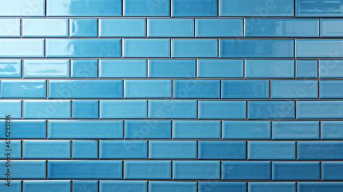 A wide tile background banner panorama featuring a texture of blue light brick subway tiles on a ceramic wall. The design creates a seamless pattern that adds visual appeal and dep  photo