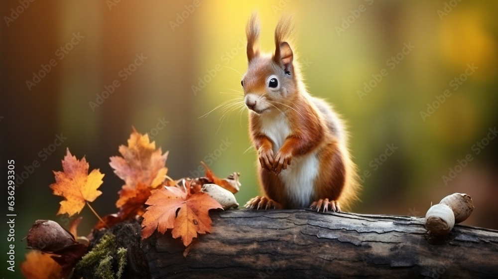 Wildlife backdrop - Adorable red squirrel (Sciurus vulgaris) perched on a stump within a forest, holding a hazelnut in its natural habitat on a sunny autumn morning. Wildlife backdrop - Adorable red squirrel (Sciurus vulgaris) perched on a stump within a forest, holding a hazelnut in its natural habitat on a sunny autumn morning.