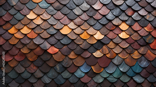 Traditional and environmentally-friendly wall cladding technique using wooden larch fish scales, wood shingles, and clapboard. This creates a 3D textured background banner panorama  photo