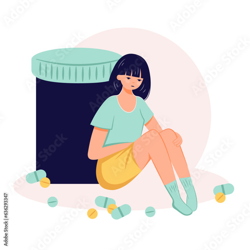 Drug addiction concept female person suffer from drug abuse flat illustration