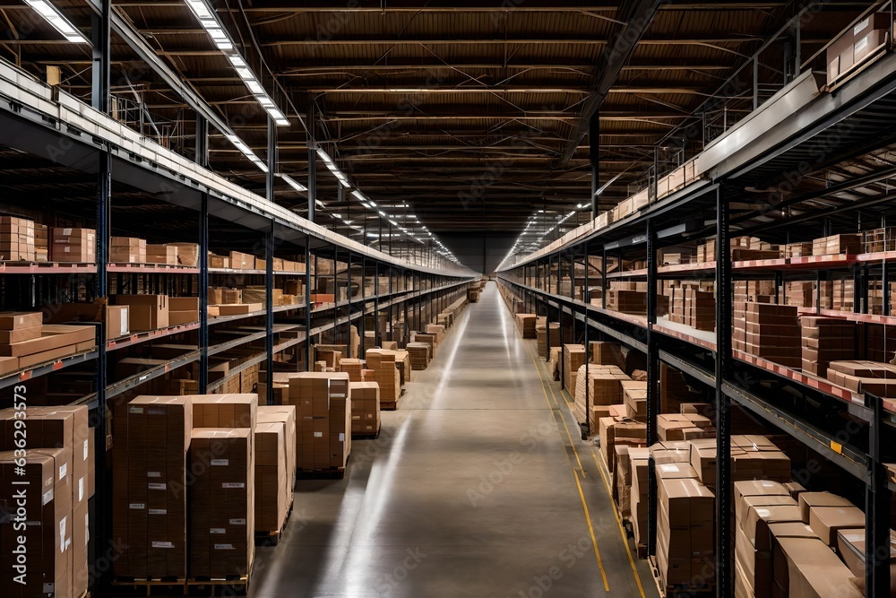 warehouse shelves with boxes, Empty conveyor belt point of view, empty shelves in large shipping warehouse