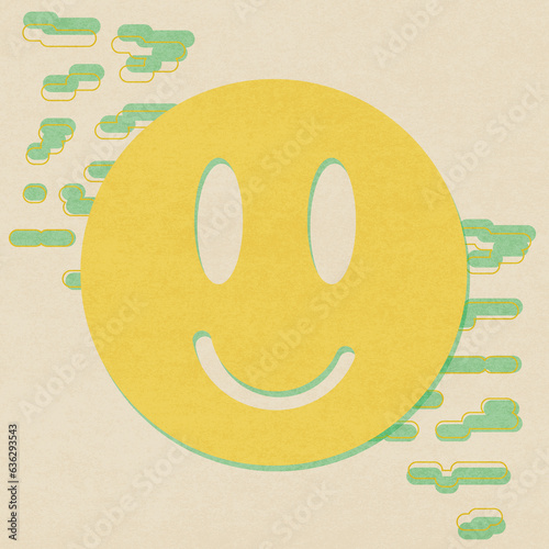 Smiley face 90ties vibes illustration in riso risograph and silk screen printing style with geometric background elements. photo