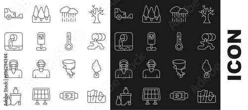 Set line Glacier melting, Tree, Barrel oil leak, Cloud with rain, Trash can, Wastewater, Car exhaust and Meteorology thermometer icon. Vector