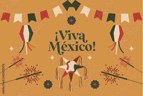 Invitación para celebrar 15 de septiembre, grito de independencia ¡Viva México!, fiesta mexicana con decoraciones tradicionales y comida mexicana