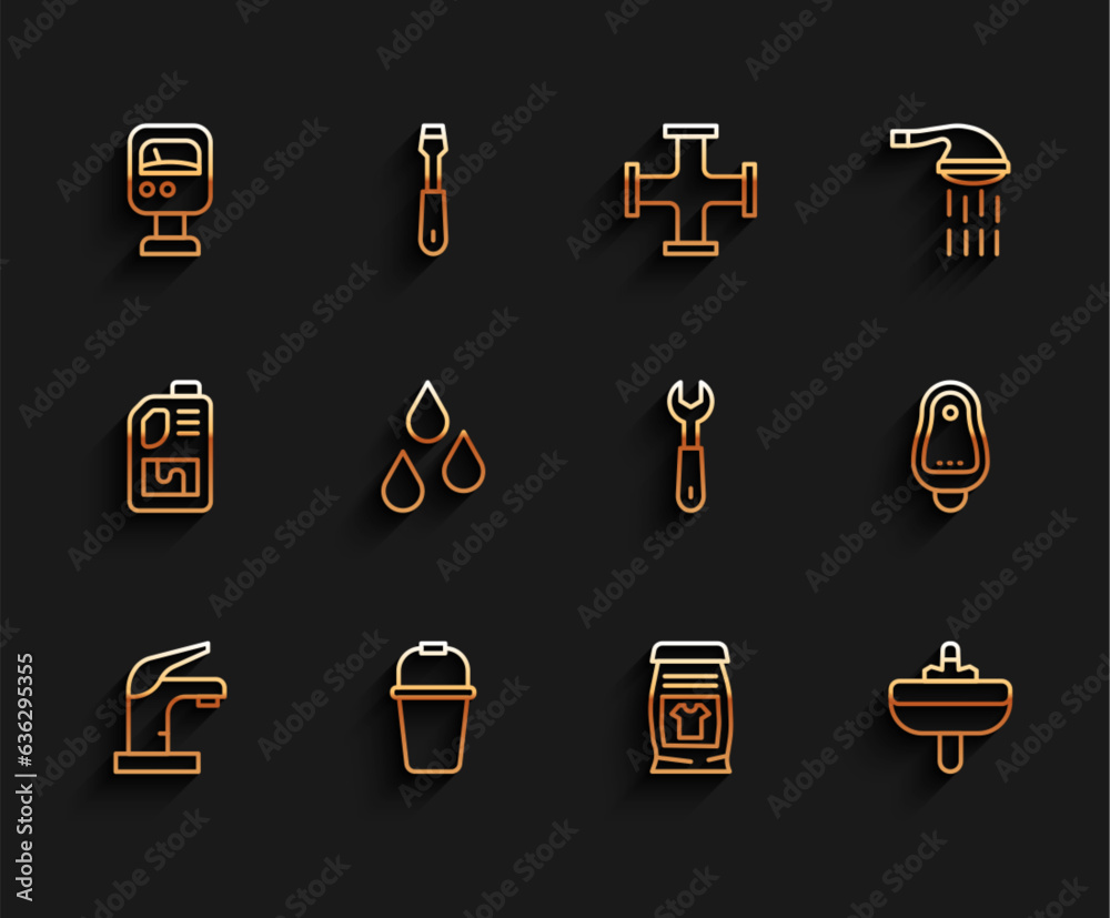 Set line Water tap, Bucket, Pressure water meter, Laundry detergent, Washbasin, drop, Toilet urinal or pissoir and Wrench spanner icon. Vector Set line Water tap, Bucket, Pressure water meter, Laundry detergent, Washbasin, drop, Toilet urinal or pissoir and Wrench spanner icon. Vector