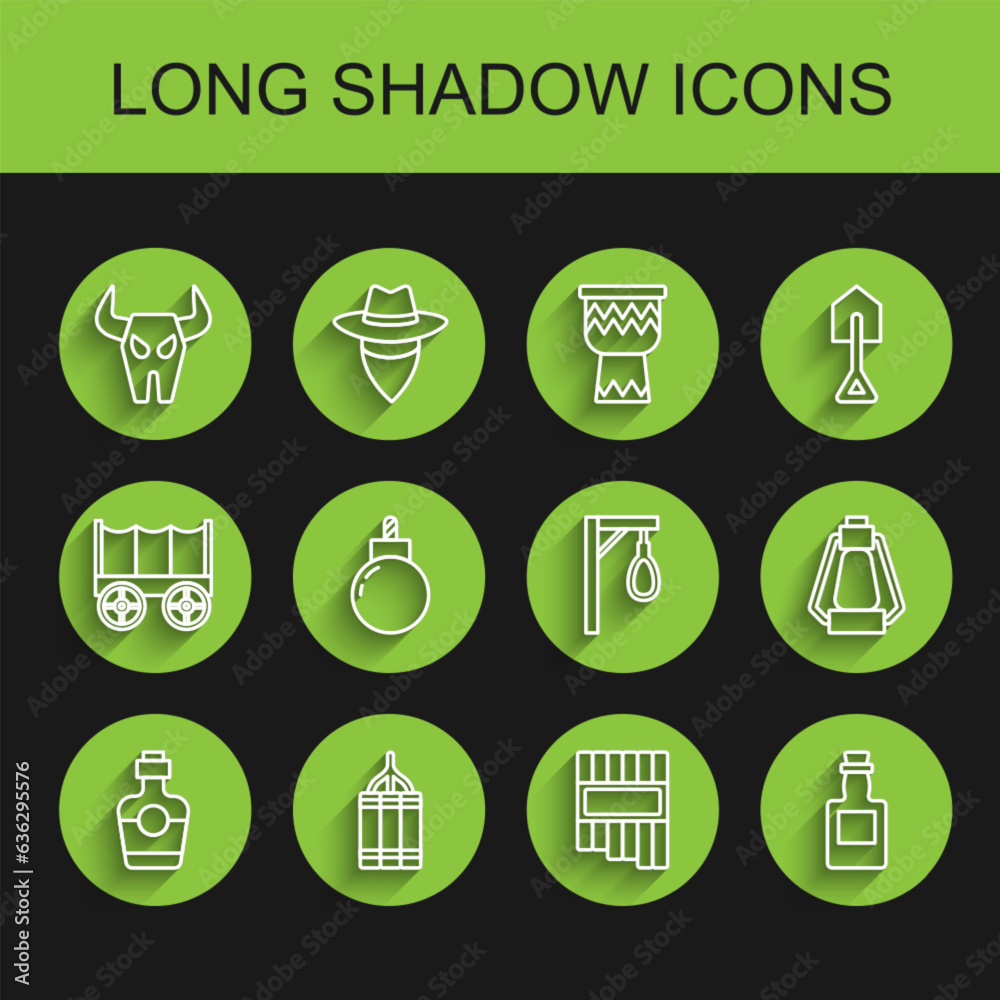 Set line Tequila bottle, Dynamite bomb, Buffalo skull, Pan flute, Bomb ready to explode, Camping lantern and Gallows icon. Vector Set line Tequila bottle, Dynamite bomb, Buffalo skull, Pan flute, Bomb ready to explode, Camping lantern and Gallows icon. Vector