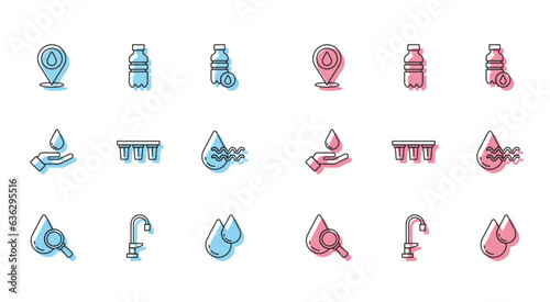 Set line Drop and magnifying glass, Water tap, drop with location, filter, Recycle clean aqua, Washing hands soap and Bottle of water icon. Vector