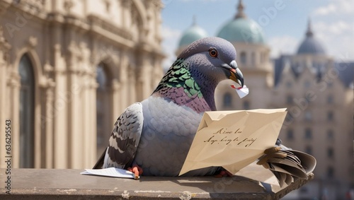 pigeon havin letter in his mouth on the roof photo