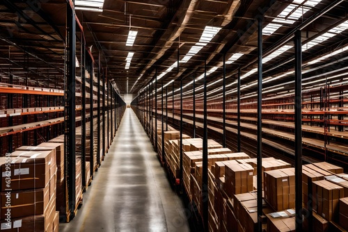 warehouse shelves with boxes, Empty conveyor belt point of view, empty shelves in large shipping warehouse
