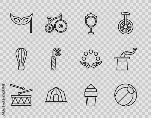 Set line Drum with drum sticks, Beach ball, Circus fire hoop, tent, Festive mask, Birthday party horn, Ice cream and Magician hat icon. Vector