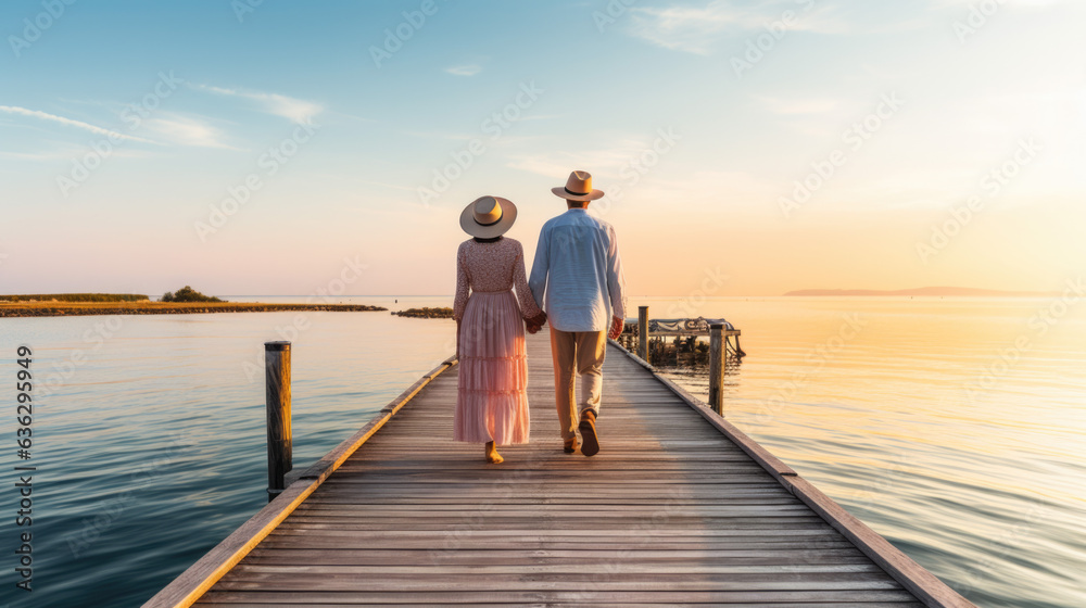 an elderly couple hold hands and walk on a jetty to the sea on summer vacation.