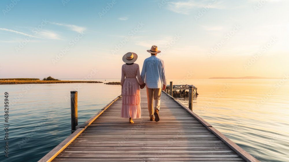 Fototapeta premium an elderly couple hold hands and walk on a jetty to the sea on summer vacation.