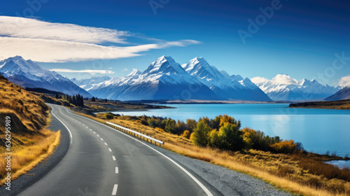 a course of a road with a lake and mountains in the background.
