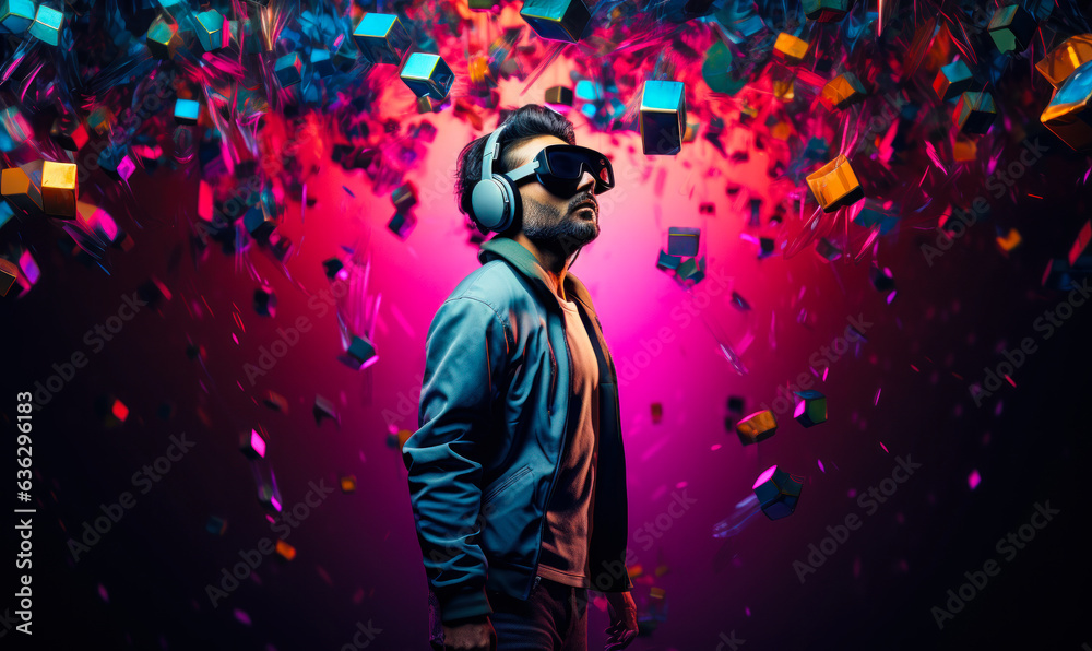 Futuristic Technology: Man in VR Headset and Smart Glasses in Metaverse: A man in a VR headset and smart glasses, exploring the Metaverse, a futuristic digital world. Futuristic Technology: Man in VR Headset and Smart Glasses in Metaverse: A man in a VR headset and smart glasses, exploring the Metaverse, a futuristic digital world.