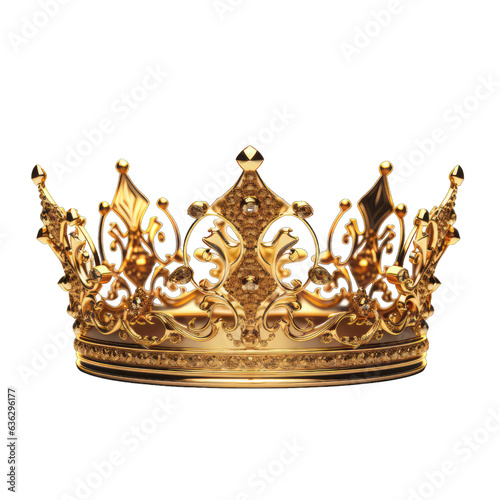 Golden crown isolated on white, transparent background, PNG