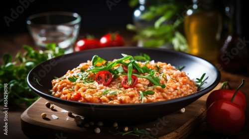 a delicious tomato risotto in a bowl in a restaurant.