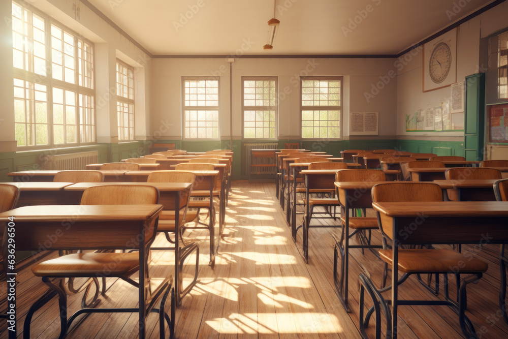 Traditional classroom setting with desks and chalkboard in a school Traditional classroom setting with desks and chalkboard in a school