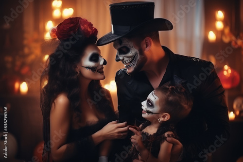 Family joyfully dressed in coordinated Halloween costumes, ready to celebrate