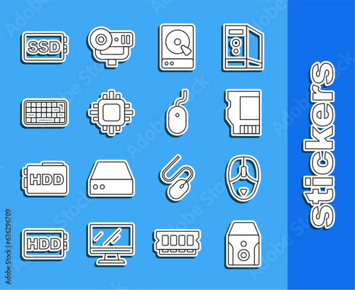 Set line Uninterruptible power supply, Computer mouse, SD card, Hard disk drive HDD, Processor with CPU, Keyboard, SSD and icon. Vector