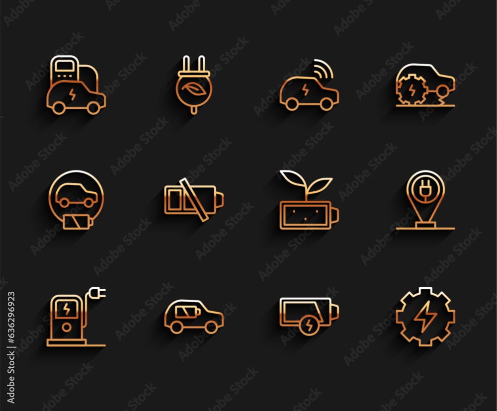 Set line Electric car charging station, Low battery, Gear and lightning, Charging parking electric and Eco nature leaf icon. Vector Set line Electric car charging station, Low battery, Gear and lightning, Charging parking electric and Eco nature leaf icon. Vector