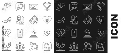 Set line Female gender, Feminism, Heart with female, Money growth woman, Woman shoe, Feminist activist and Packaging of birth control pills icon. Vector