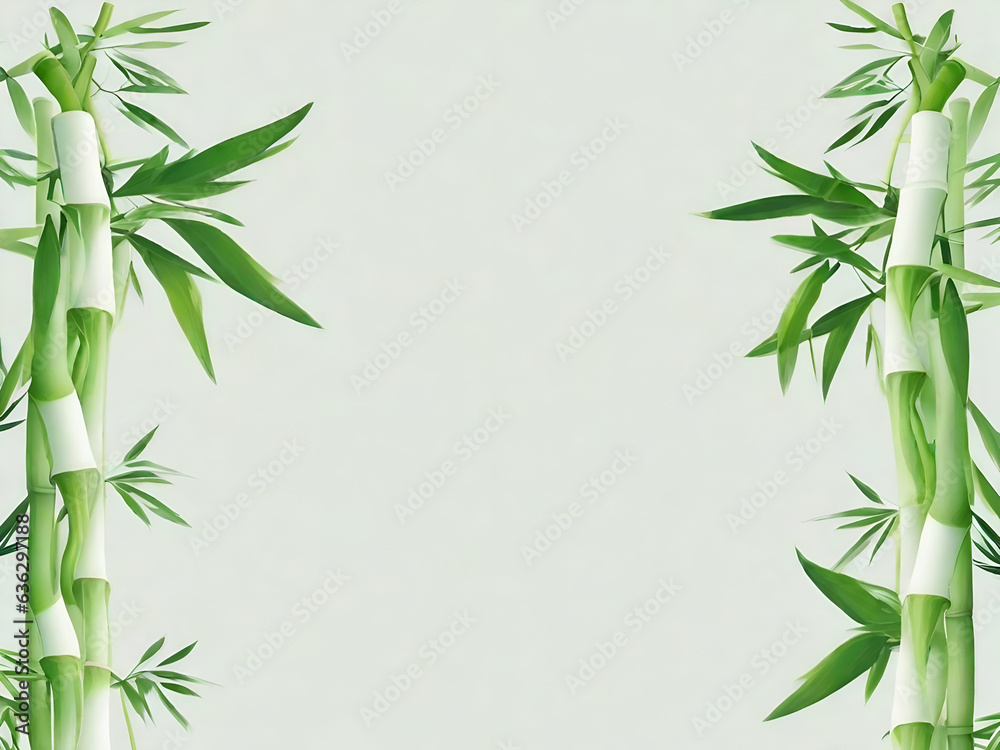 Naklejka premium Green bamboo leaves and shoots framing white background in flat lay composition