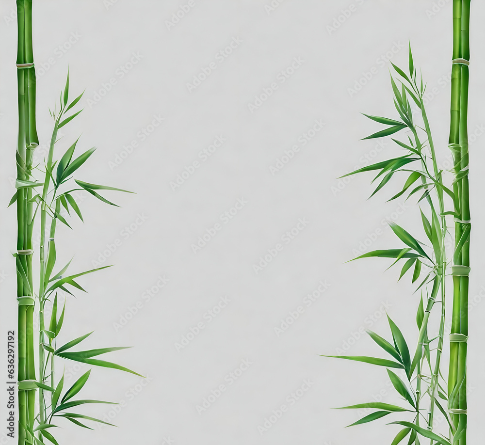 Green bamboo leaves and shoots framing white background in flat lay composition Green bamboo leaves and shoots framing white background in flat lay composition