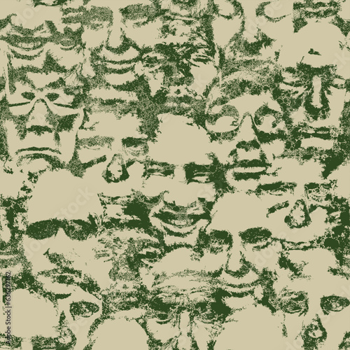 vector seamless pattern with scary male and female human faces head on a black background in grunge style. Wallpaper, wrapping paper or fabric design