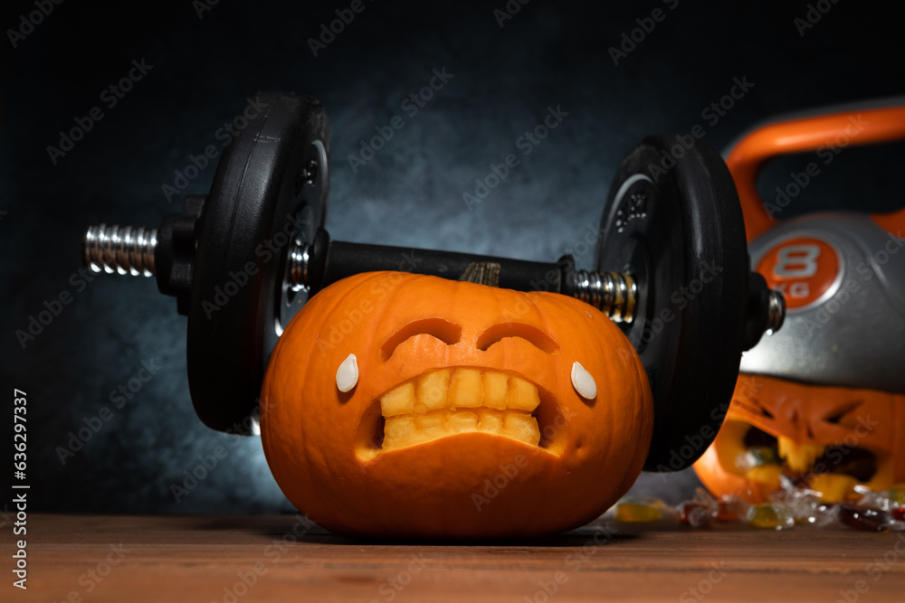 Carved Halloween Pumpkin Lifting A Heavy Barbell Dumbbell Carved Halloween Pumpkin Lifting A Heavy Barbell Dumbbell