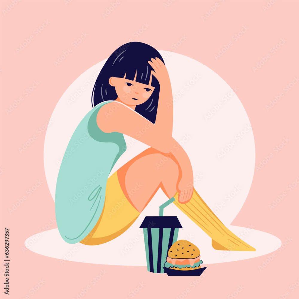 Eating disorder concept. Girl refuse food. Anorexia problem flat person illustration