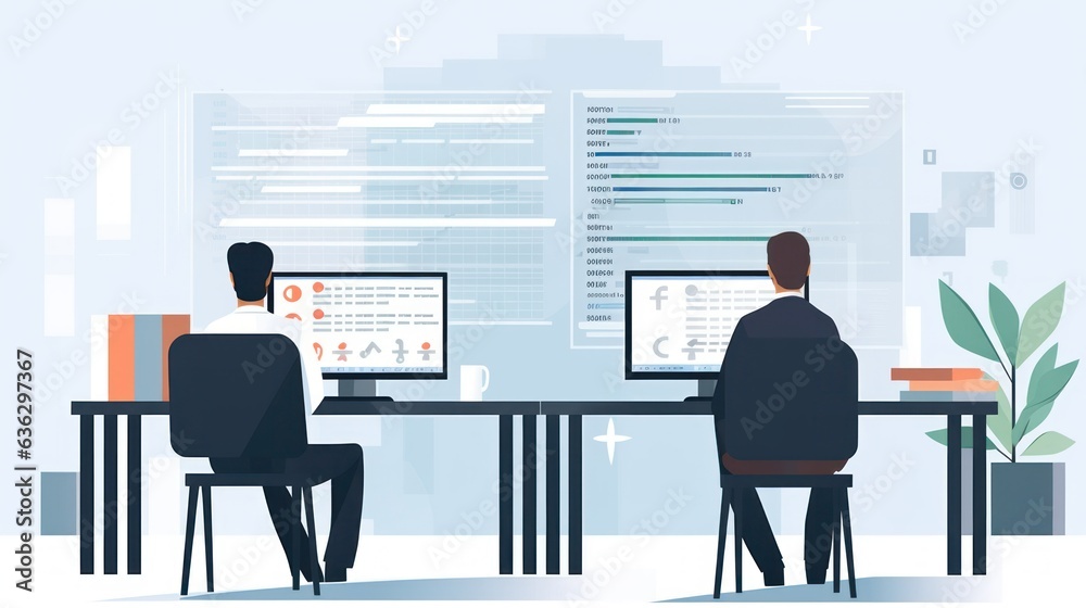 People sitting in front of the computer and write computer code illustration People sitting in front of the computer and write computer code illustration