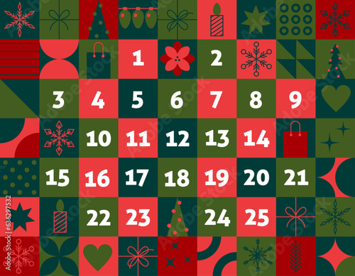 Christmas advent calendar. Holiday Advent December calendar date. Bauhaus Christmas border design vector illustration. Countdown to Christmas Day. Holiday Symbols of celebration design