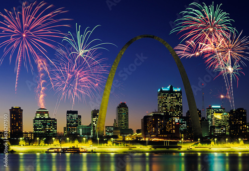 Fireworks fill the night time sky of St. Louis Skyline