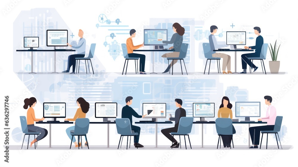 People sitting in front of the computer and write computer code illustration