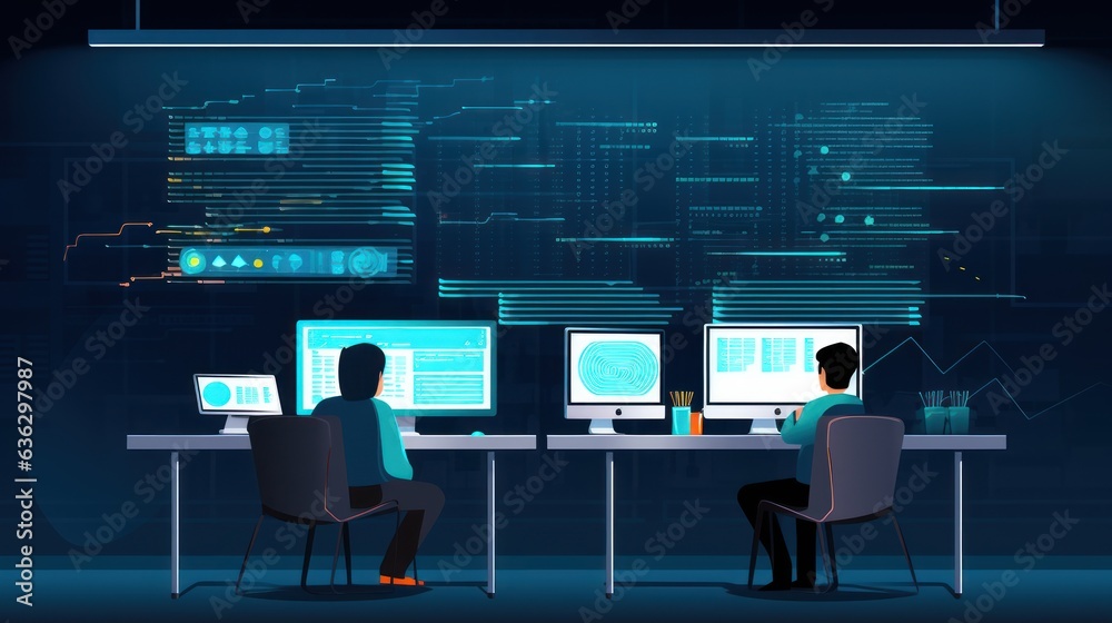 People sitting in front of the computer and write computer code illustration People sitting in front of the computer and write computer code illustration