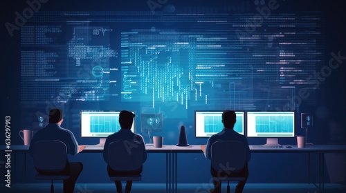 People sitting in front of the computer and write computer code illustration
