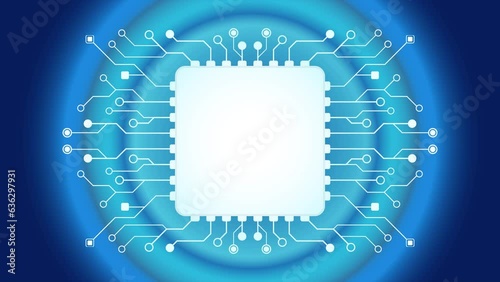 Microchip processor with electrical circuit tree growth on the blue radial lights background. Animation video template suitable for business, technology, presentation etc