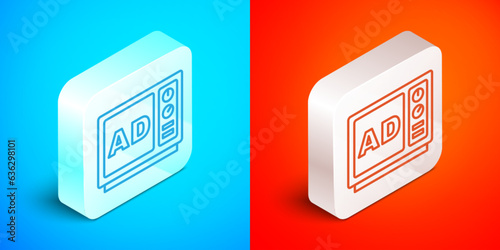 Isometric line Advertising icon isolated on blue and red background. Concept of marketing and promotion process. Responsive ads. Social media advertising. Silver square button. Vector