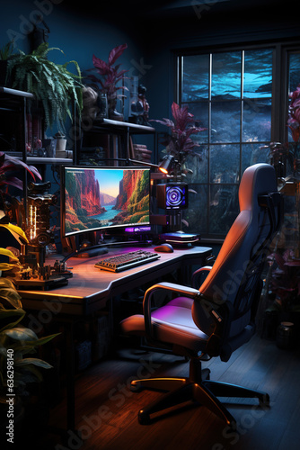 Computer Gaming PC on video gaming desk in a dark room with neon light. Gaming Chair Monitor, transparent computer, chair, light © RBGallery
