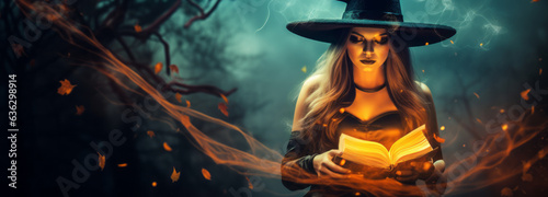 Halloween Witch girl with magic Book of spells portrait. Beautiful young woman in witches hat conjuring. Over spooky dark magic forest background. Wide Halloween party art design. Generative AI.