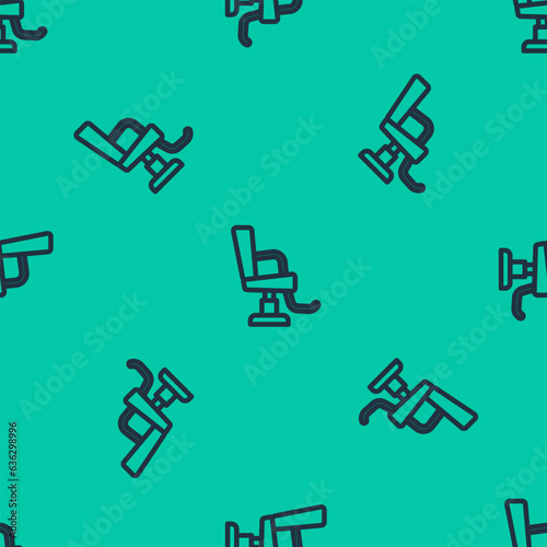 Blue line Barbershop chair icon isolated seamless pattern on green background. Barber armchair sign. Vector